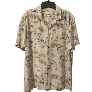 Cream Abstract Paisley Print‎ Linen Rayon Blend Short Sleeve Shirt Size M